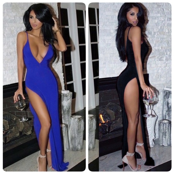 Dresses & Skirts - Long Sexy Plunging Neckline Bodycon Dress w/ Slit